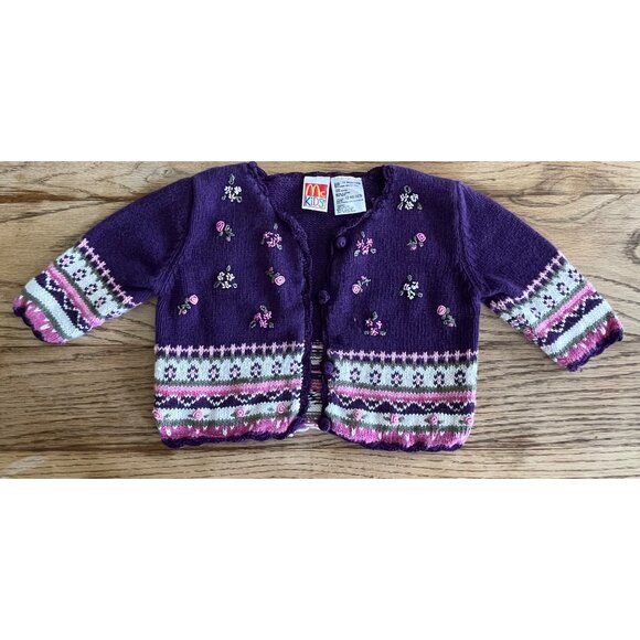 VTG McKids Cardigan Sweater Girls Baby 12 Mos Purple Fair Isle Roses 90s - Picture 1 of 4